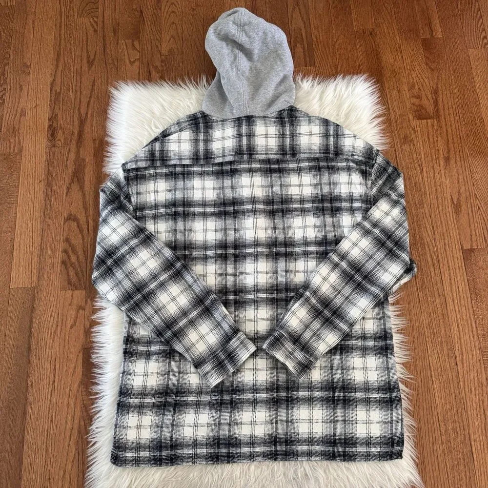 Urban Outfitters Mens Large Hooded Plaid Flannel Outdoor Black White Preppy Fall